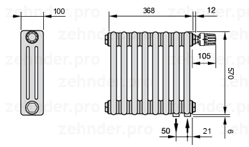Схема (чертеж) Радиатор Zehnder Charleston 3057/8 №V002 Белый глянцевый RAL 9016